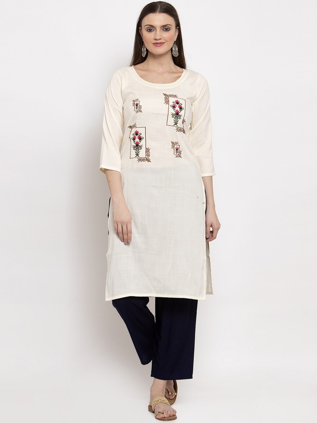 

Miaz Lifestyle Women Off White & Green Ethnic Motifs Embroidered Kurta