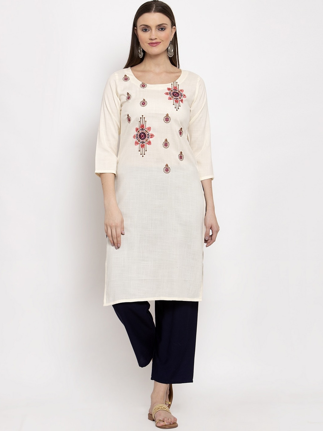 

Miaz Lifestyle Women Off White Floral Embroidered Flared Sleeves Thread Work Kurta