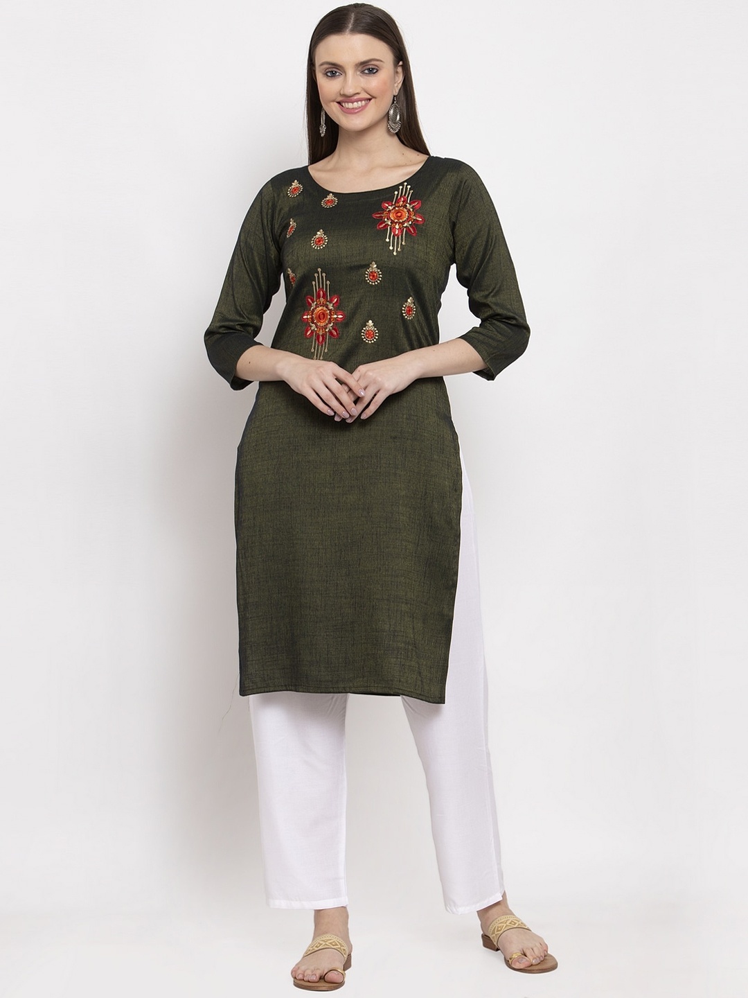 

Miaz Lifestyle Women Olive Green & Red Ethnic Motifs Embroidered Kurta