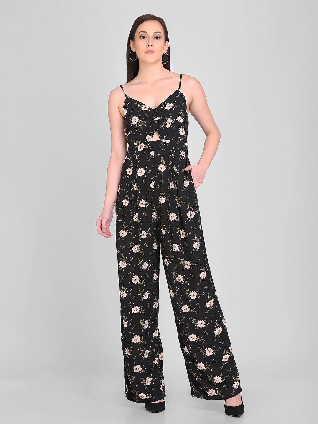 

DELAN Black & Pink Printed Basic Jumpsuit