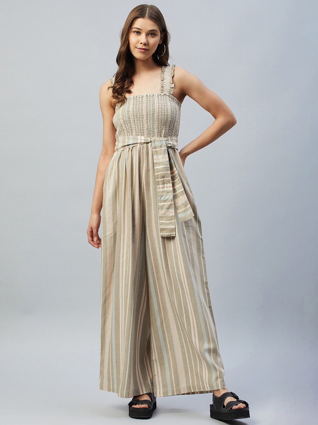 

DELAN Green & Beige Linen Striped Basic Jumpsuit