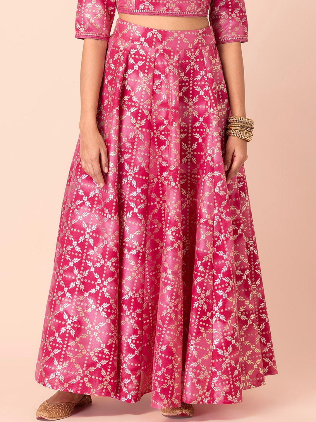 

INDYA Women Pink & Silver Printed Flared Maxi Skirt