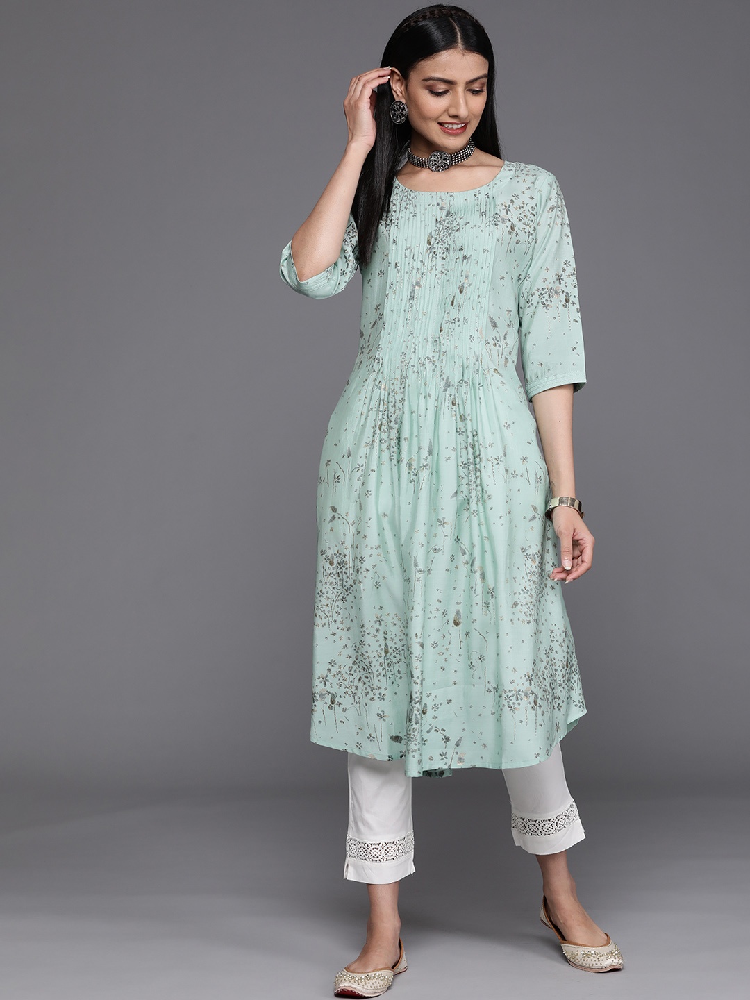 

Libas Women Sea Green & Grey Ethnic Motifs Printed Kurta