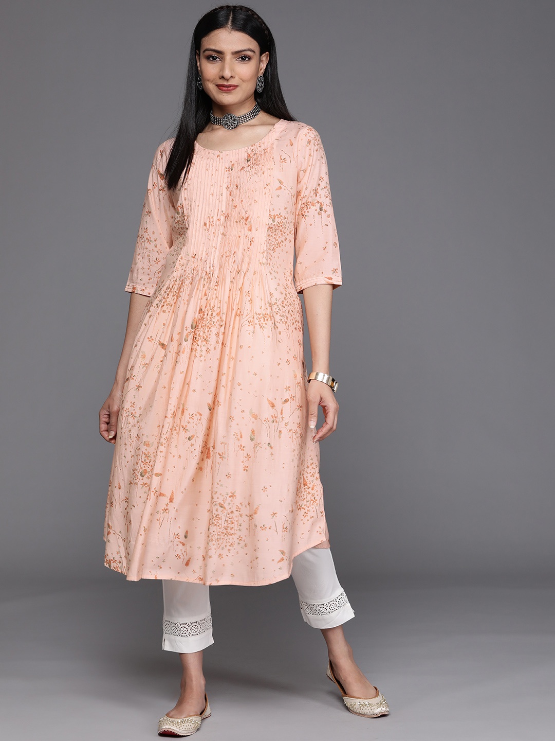 

Libas Women Peach-Coloured & Orange Floral Printed Floral Kurta