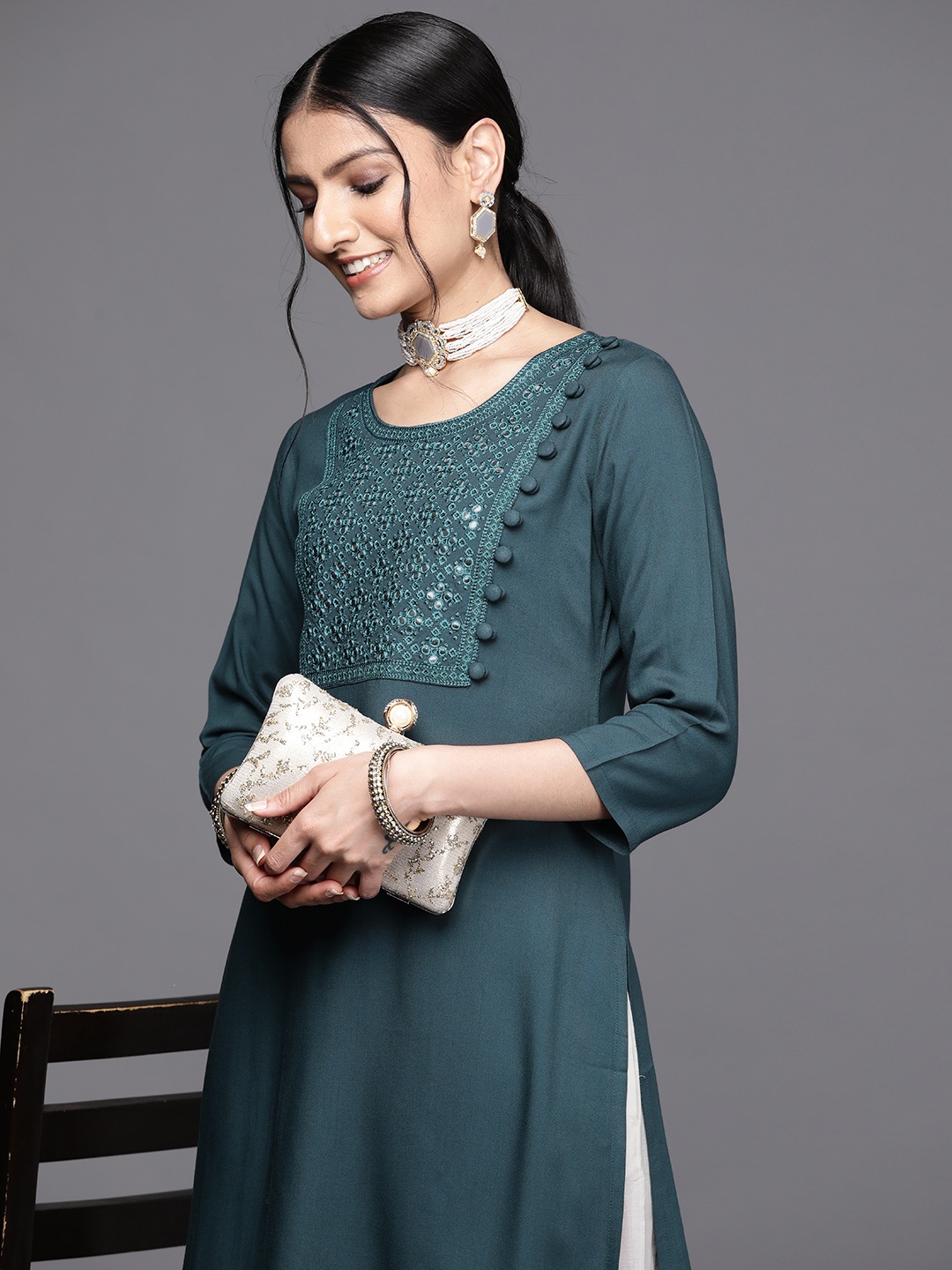 

Libas Women Teal Green Yoke Design Pure Cotton Mirror Work Pastels Kurta