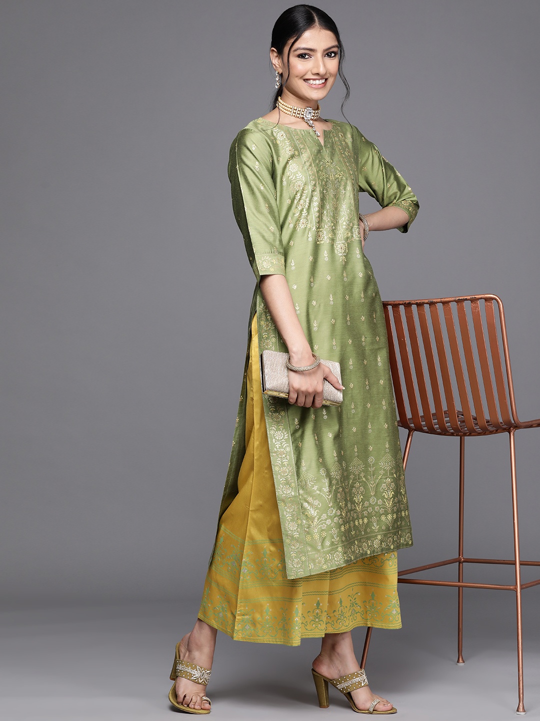 

Libas Women Green & Mustard Yellow Floral Printed Chanderi Silk Kurta
