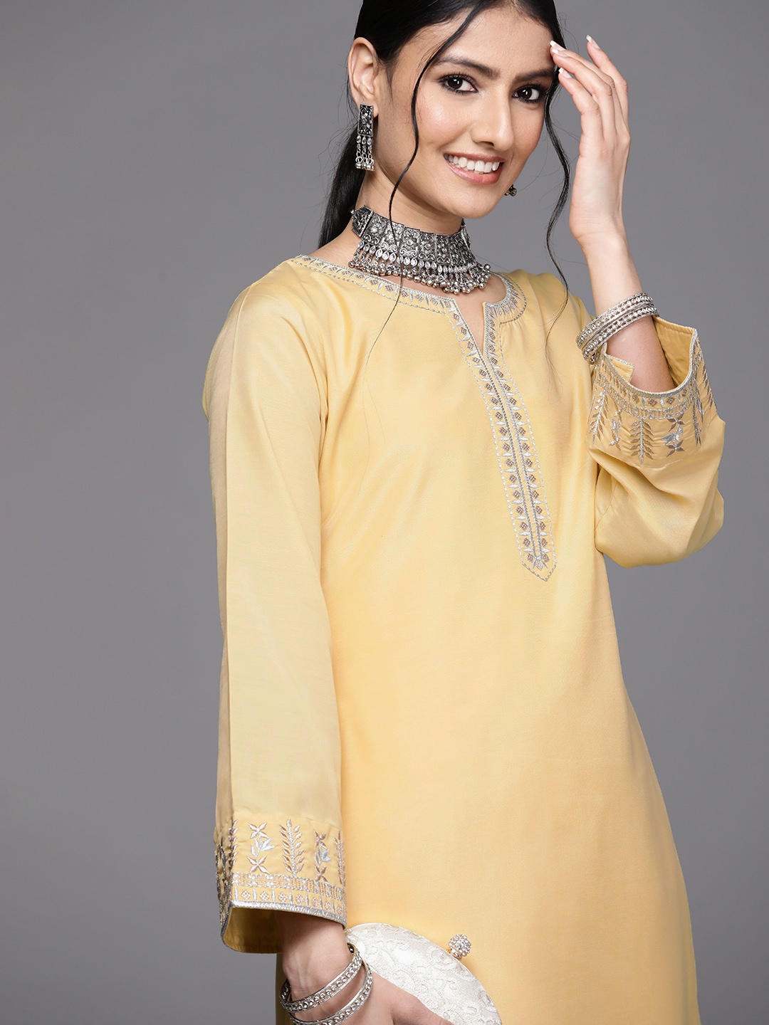 

Libas Women Yellow Ethnic Motifs Embroidered Chanderi Silk Kurta