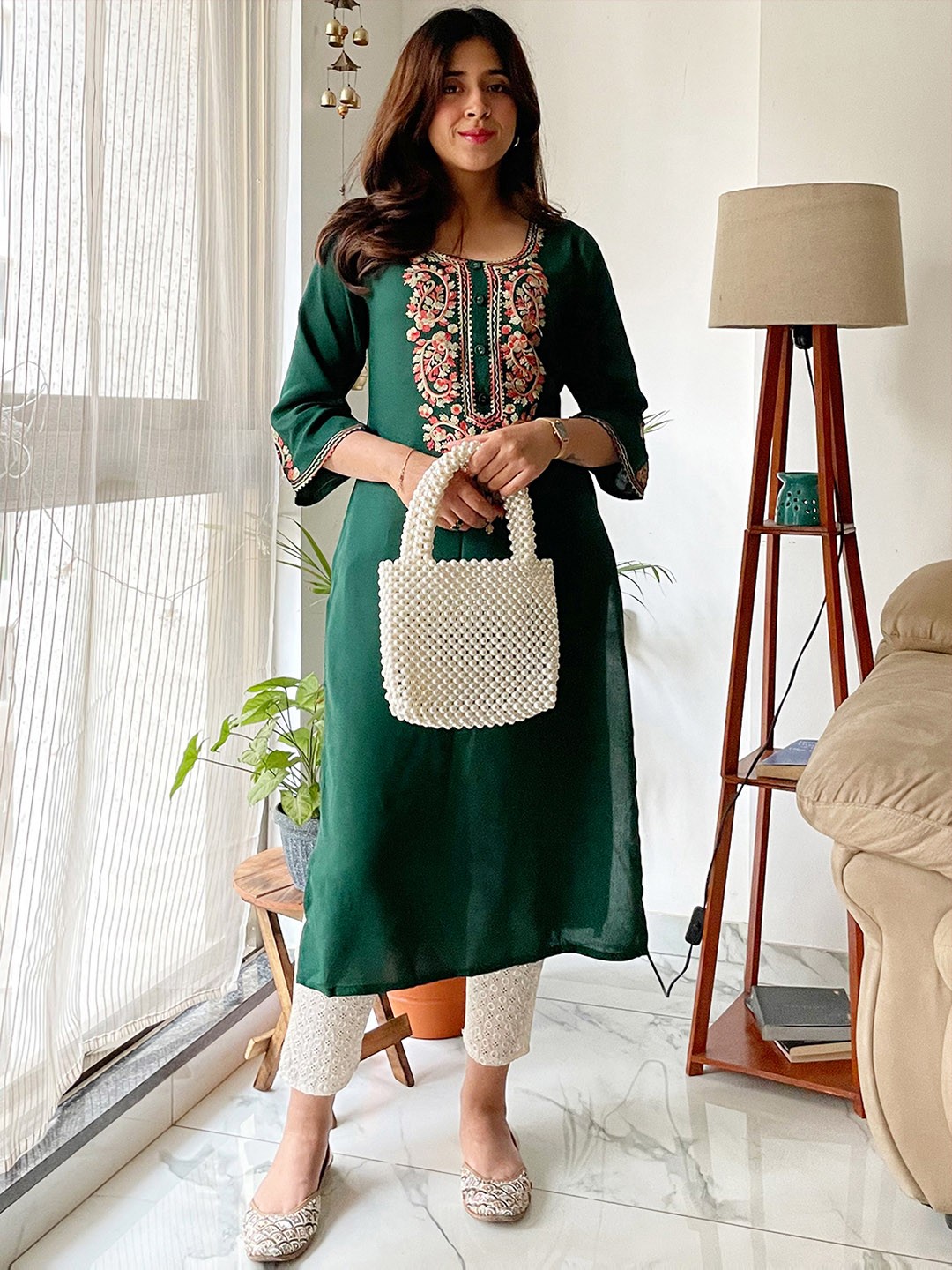 

Libas Women Green Floral Yoke Design Flared Sleeves Thread Work Kurta