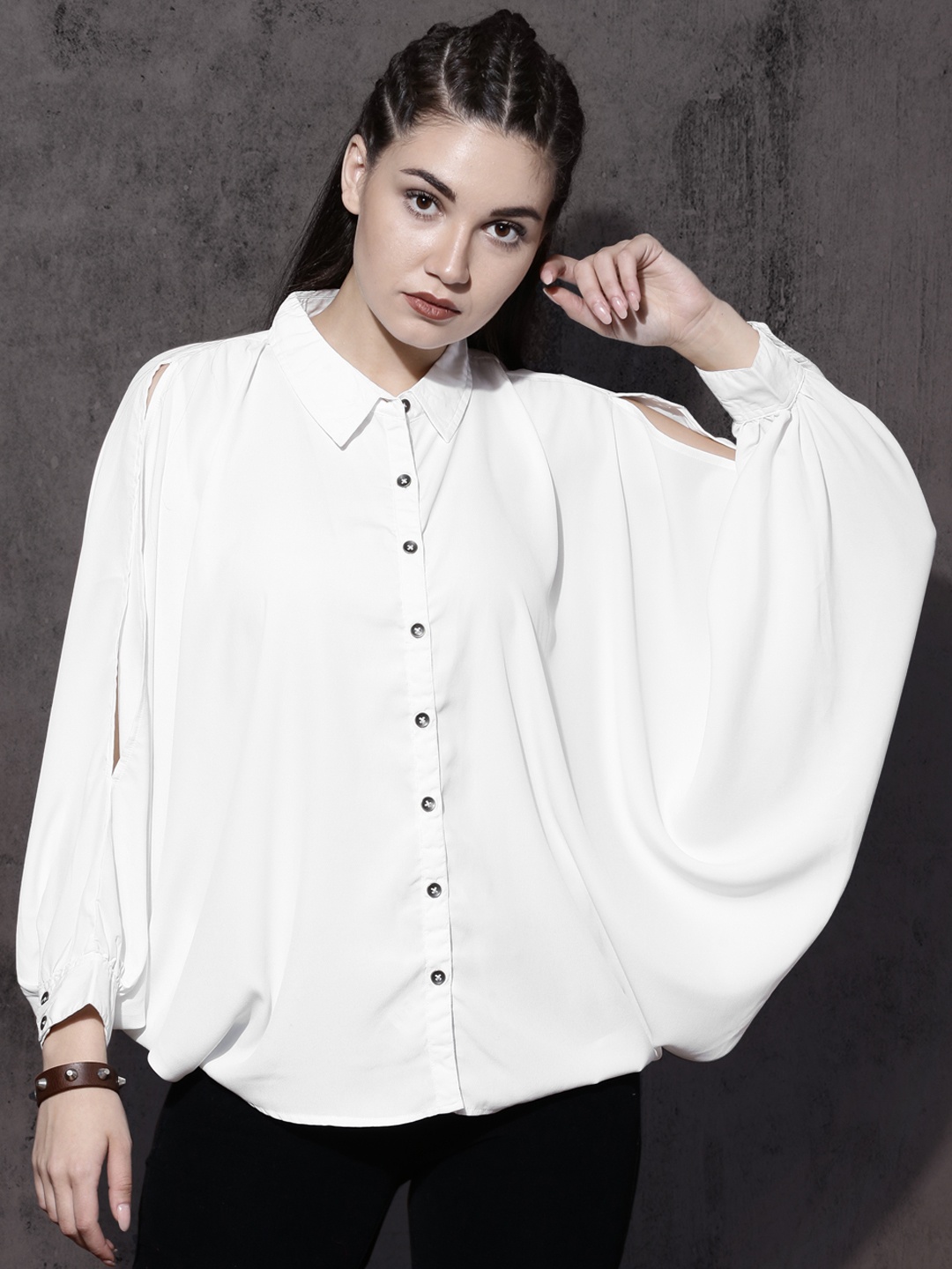 

Roadster Women White Batwing Slit Sleeves Boxy Shirt