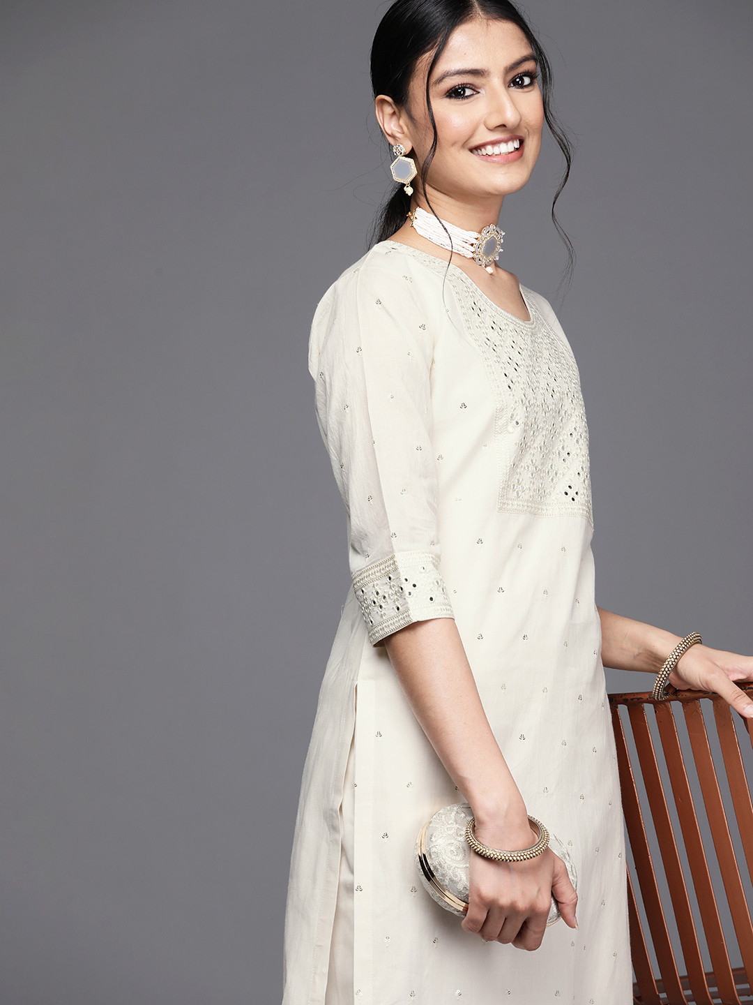 

Libas Women Off White Embellished Pure Cotton Kurta