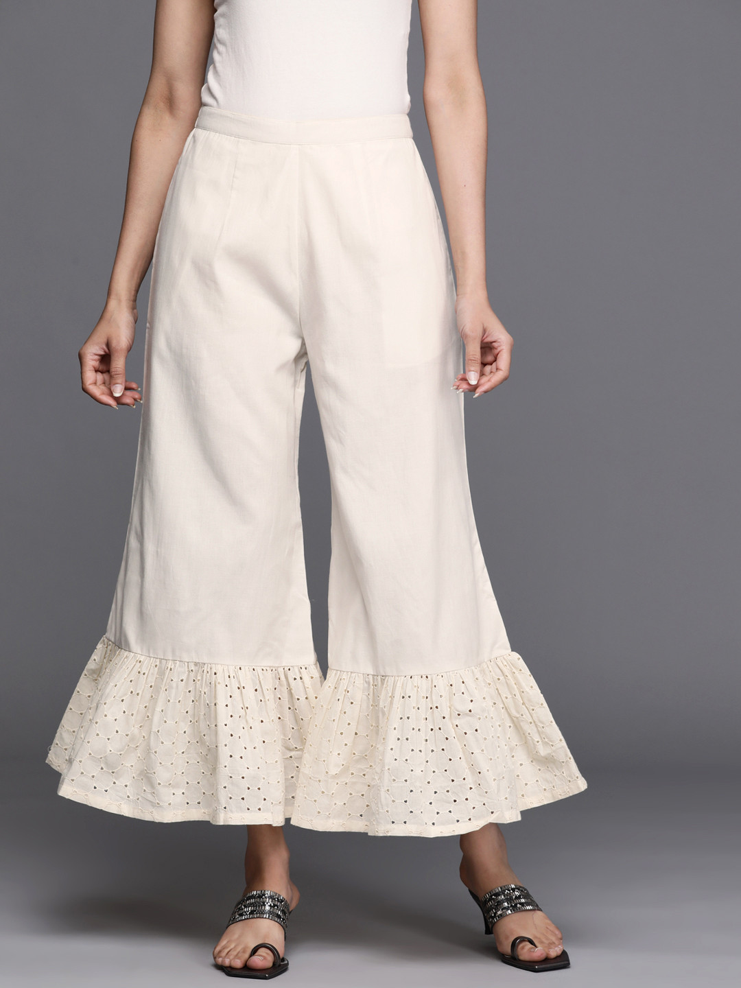 

Libas Women Cream-Coloured Pure Cotton Flared Ethnic Palazzos