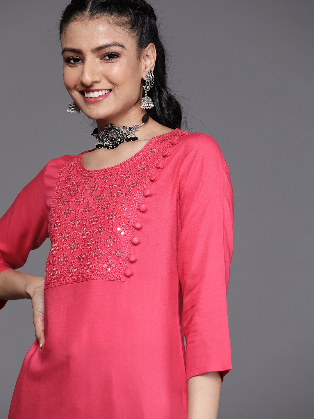 

Libas Women Pink Yoke Design Mirror Work Kurta