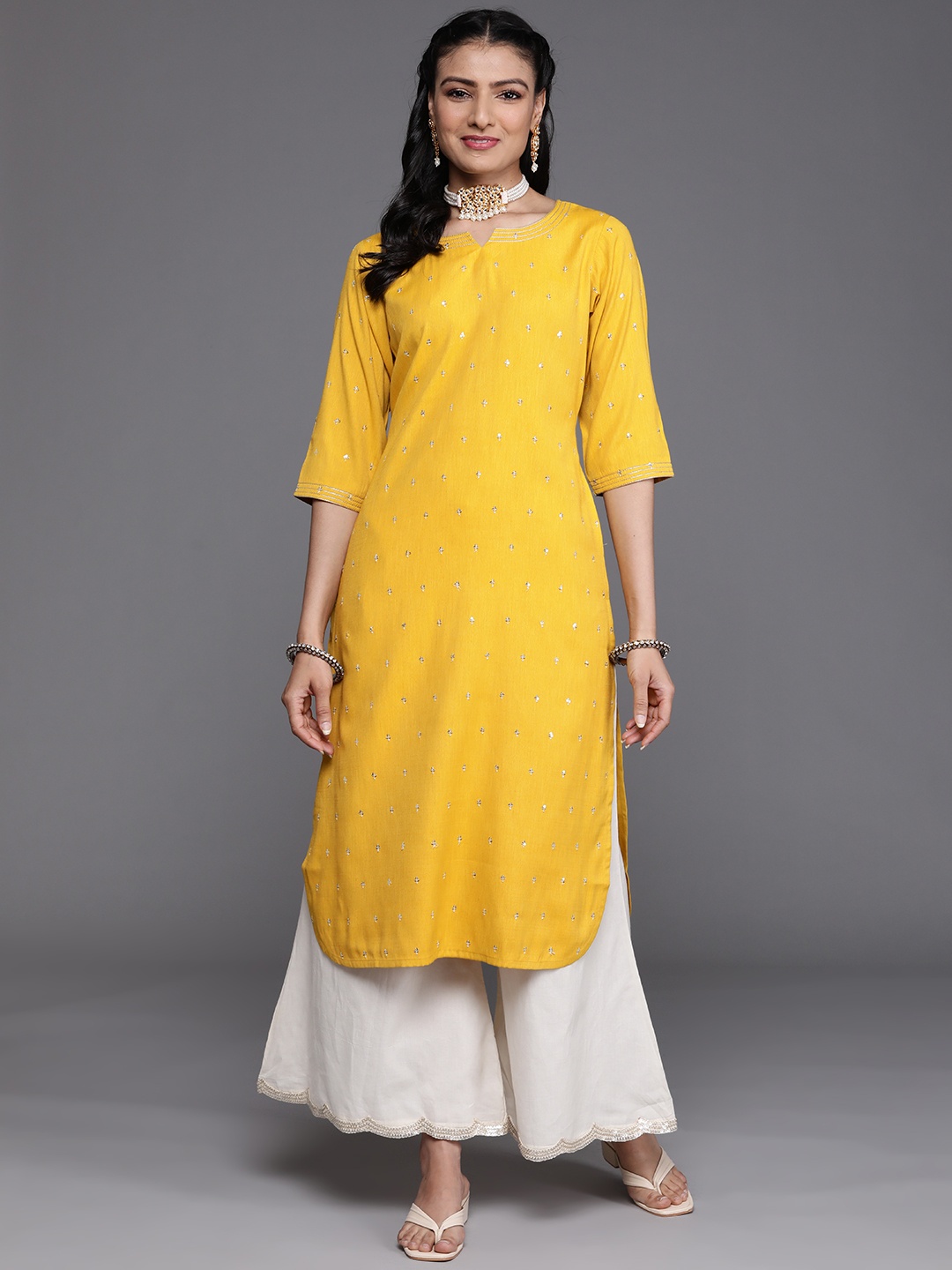 

Libas Women Mustard Yellow Embellished Kurta