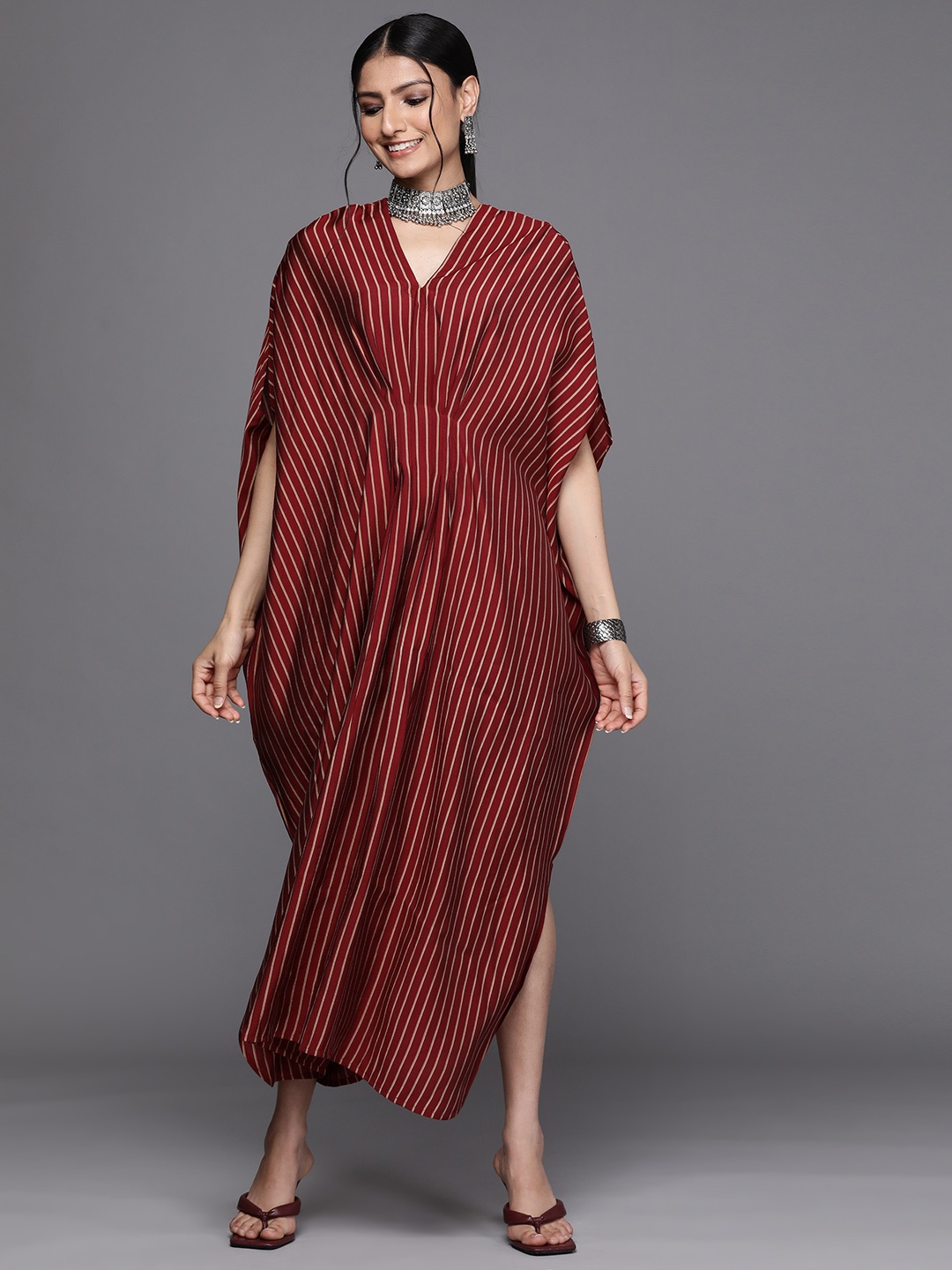 

Libas Women Maroon & Off White Striped Kaftan Maxi Dress