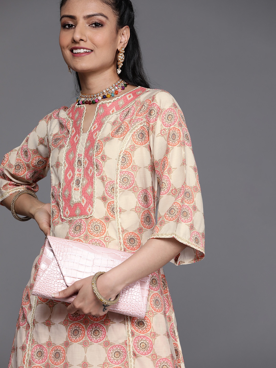 

Libas Women Pink & Beige Printed Flared Sleeves Kurta