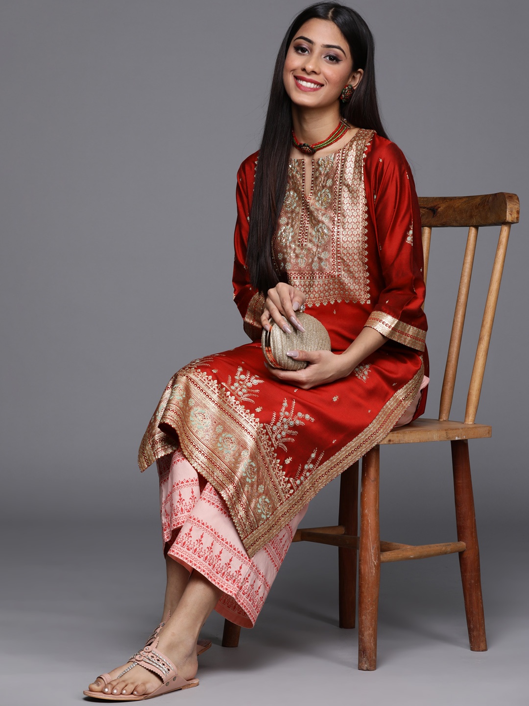 

Libas Women Maroon & Golden Ethnic Motifs Printed Chanderi Silk Kurta