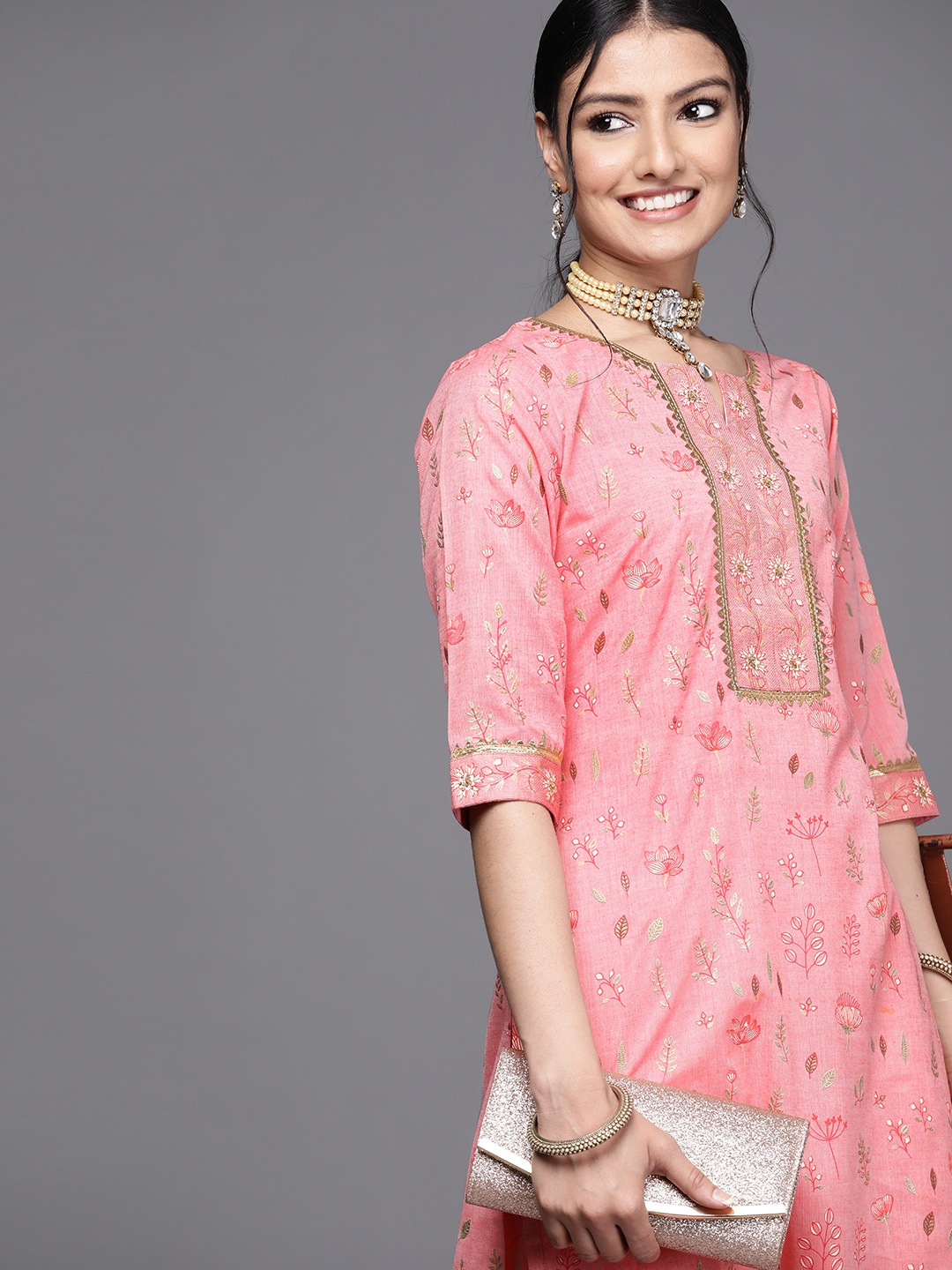 

Libas Women Pink Floral Printed Gotta Patti Kurta