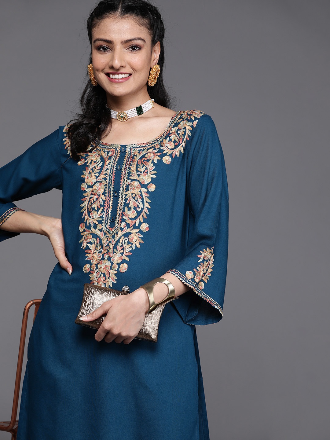 

Libas Women Navy Blue Paisley Embroidered Flared Sleeves Kurta