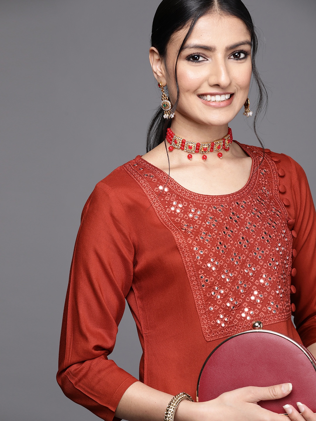 

Libas Women Rust Red Yoke Design Mirror Work Kurta