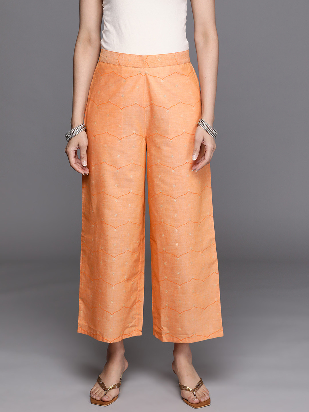 

Libas Women Orange Ethnic Motifs Printed Wide Leg Palazzos