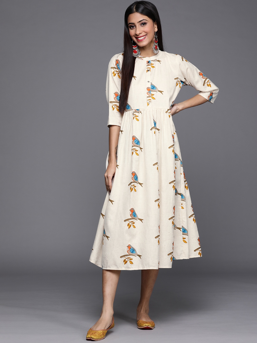 

Libas Off White & Blue Bird Print Cotton Midi Fit and Flare Dress