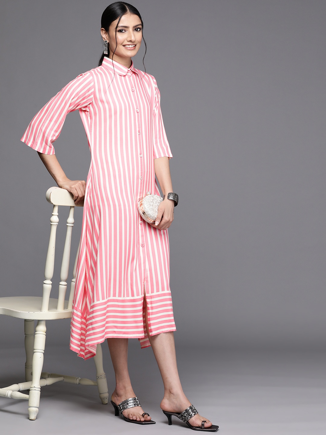 

Libas Pink & White Striped Midi Shirt Dress