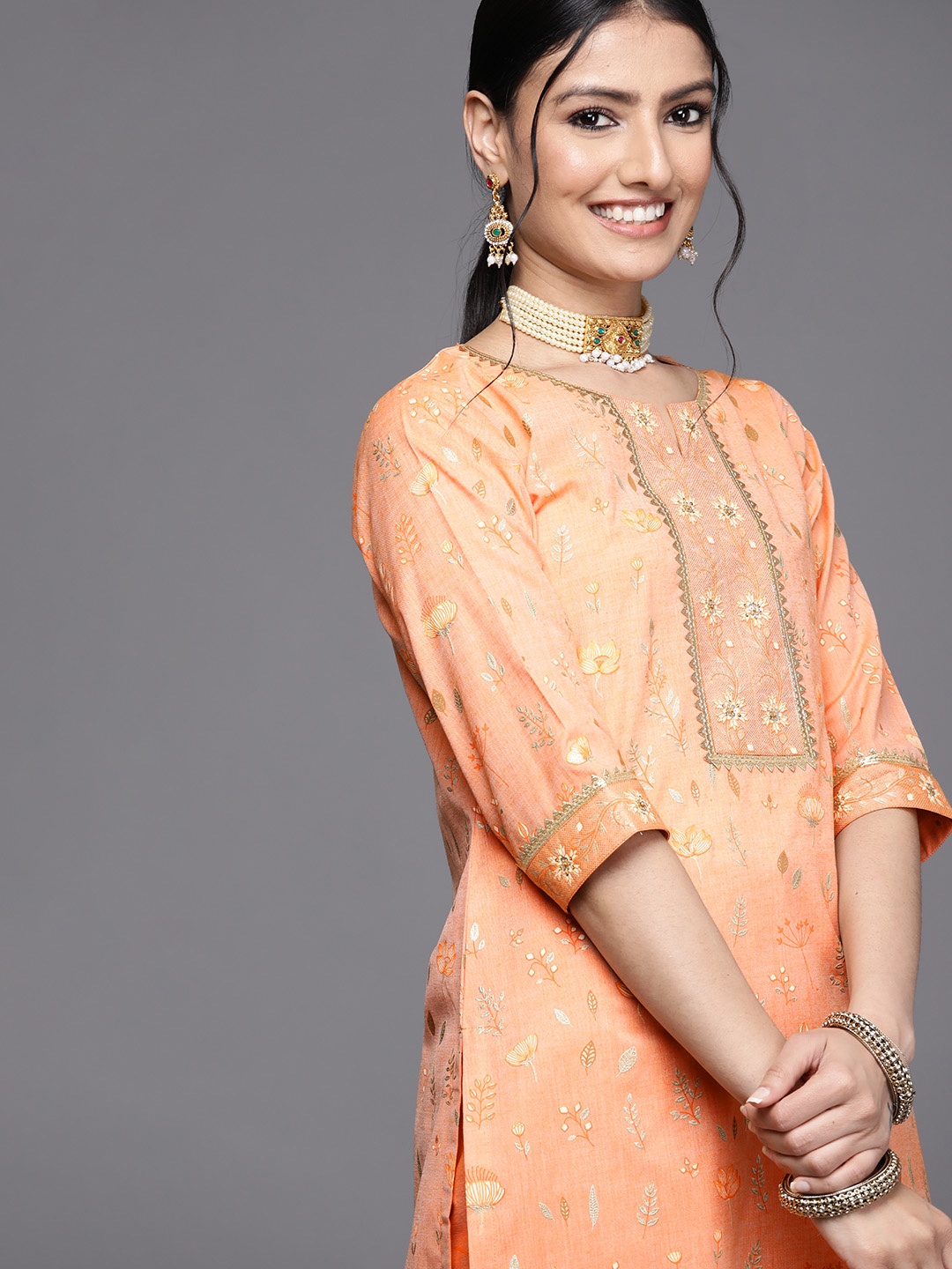 

Libas Women Orange Floral Printed Kurta