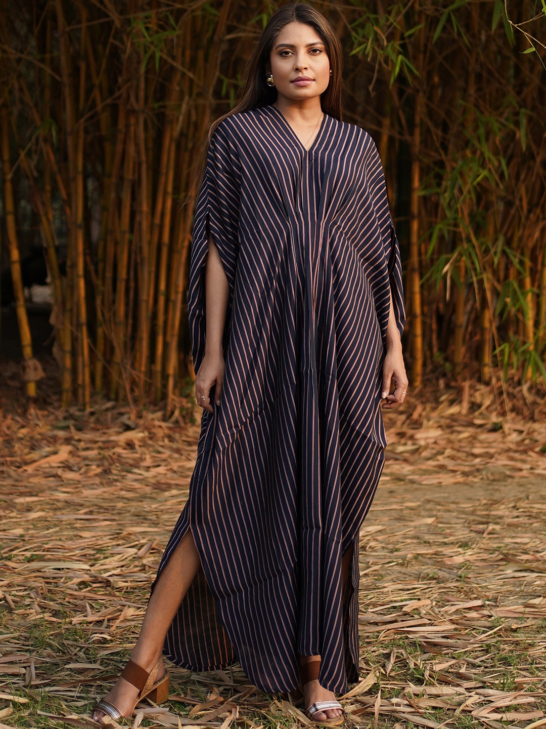 

Libas Navy Blue & Red Striped Kaftan Maxi Dress