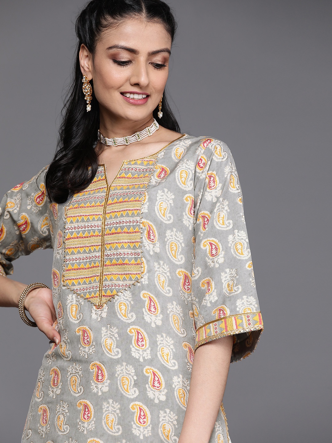 

Libas Women Grey & Mustard Yellow Paisley Yoke Design Kurta