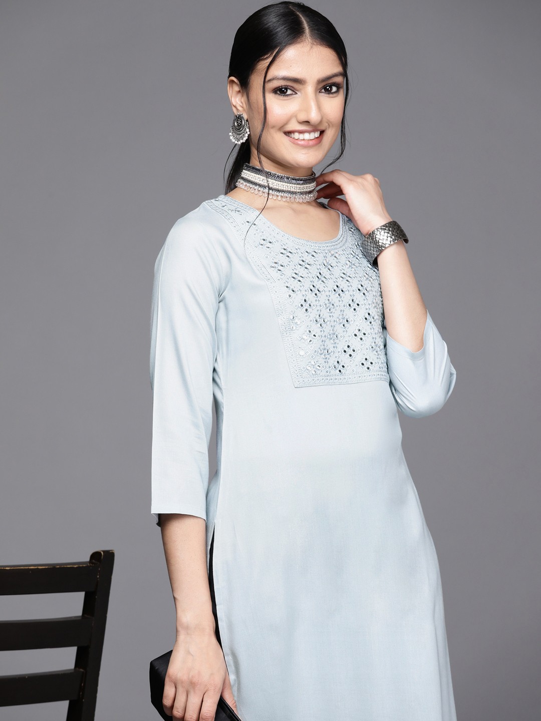 

Libas Women Grey Yoke Design Mirror Work Pastels Kurta