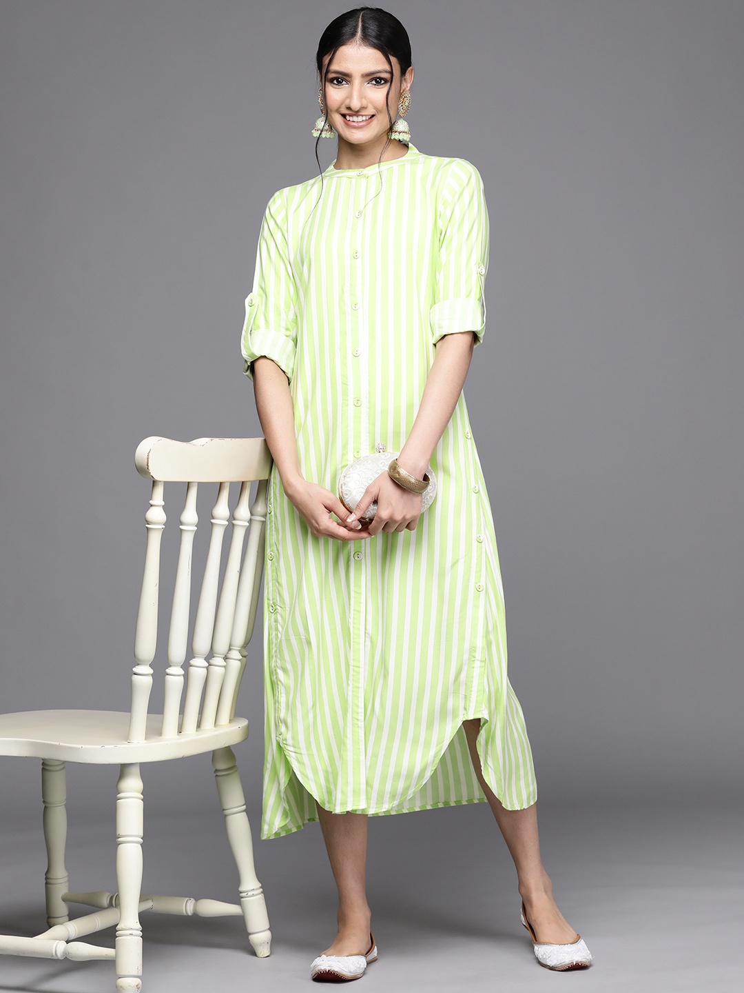 

Libas Green & White Striped Midi A-Line Dress