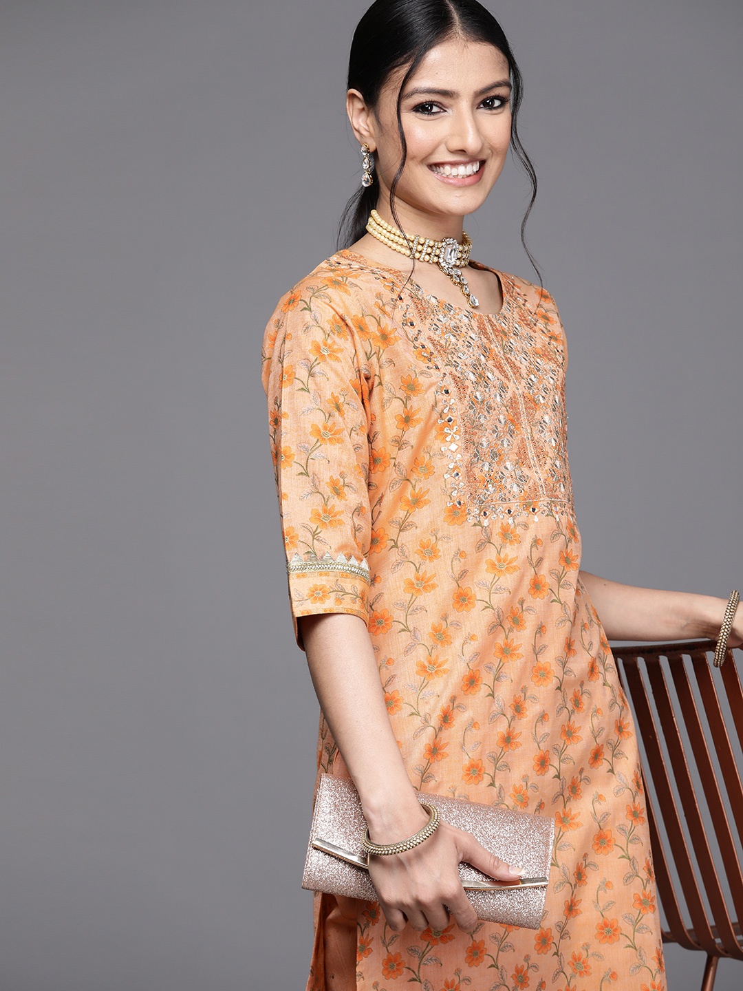 

Libas Women Orange Floral Motifs Printed Kurta