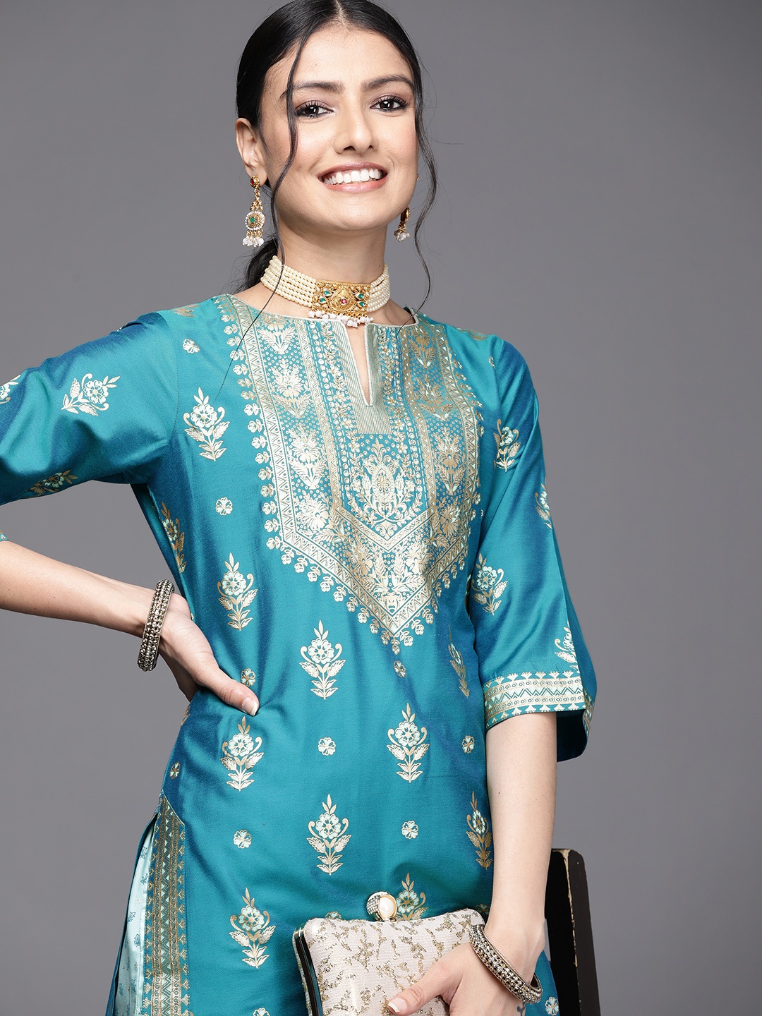 

Libas Women Blue & Golden Ethnic Motifs Printed Chanderi Silk Kurta