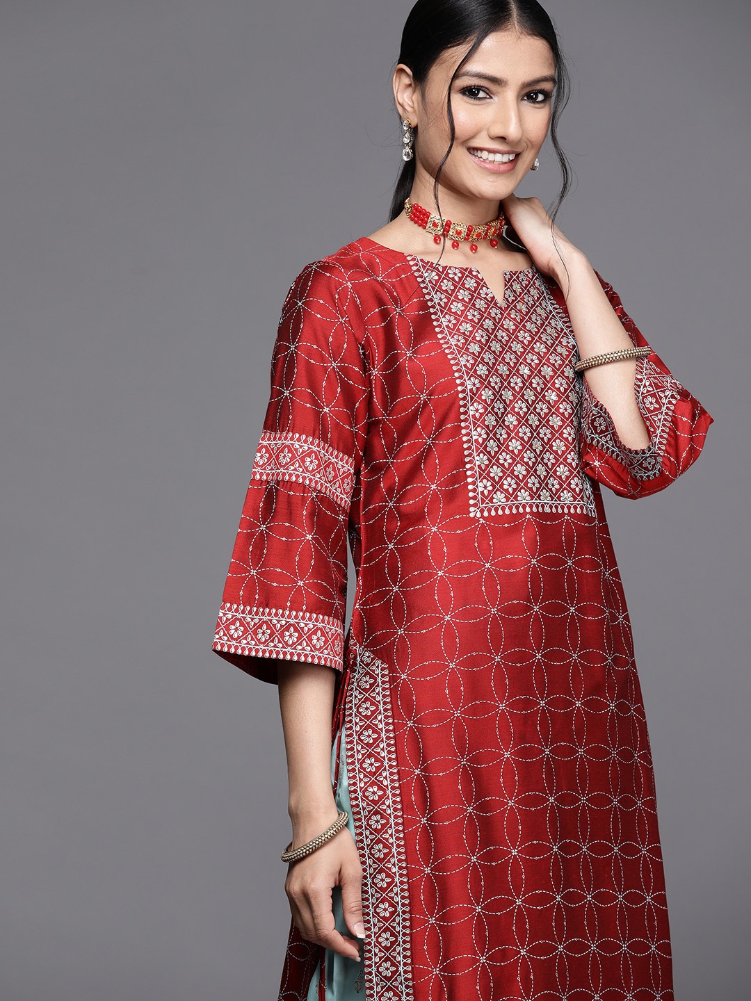 

Libas Women Red & White Ethnic Motifs Yoke Design Chanderi Silk Kurta