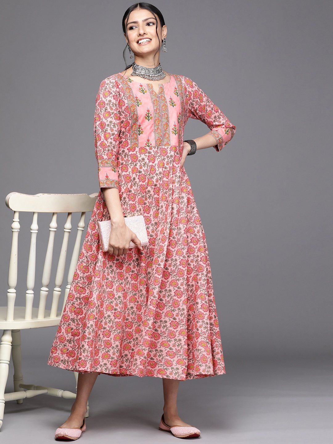 

Libas Women Pink & Green Printed Pure Cotton A-Line Maxi Dress