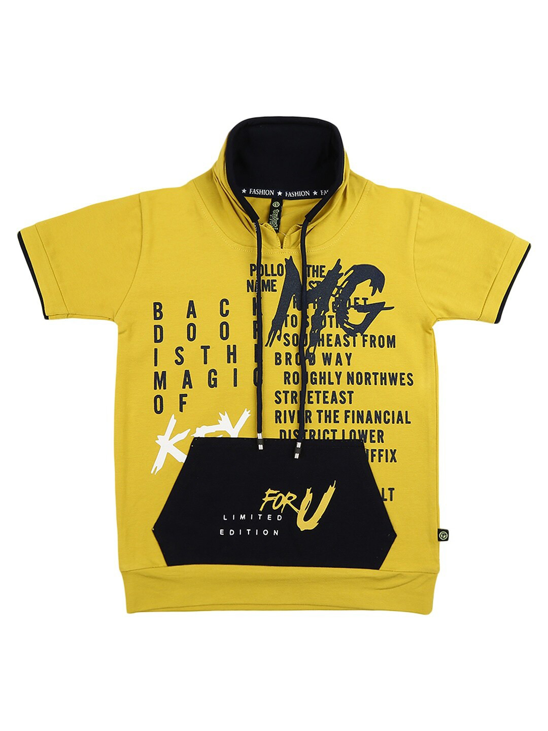 

V-Mart Boys Gold-Toned & Black Typography Printed High Neck Running T-shirt