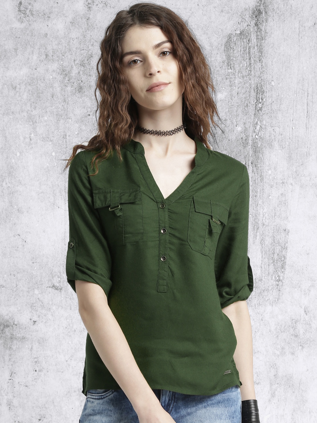 

Roadster Women Olive Green Shirt Style Top