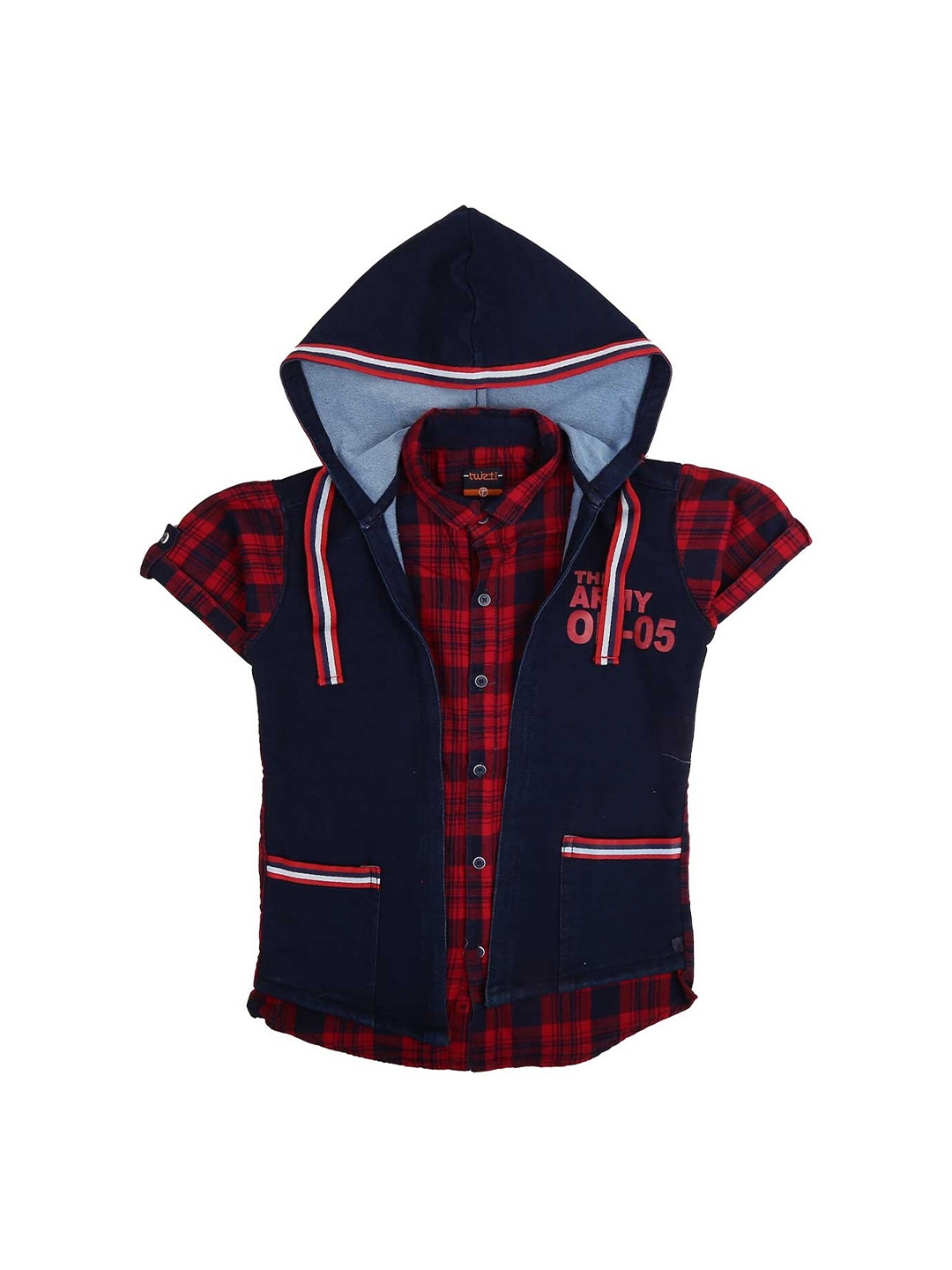 

V-Mart Boys Red Standard Checked Cotton Casual Shirt With Denim Hooded