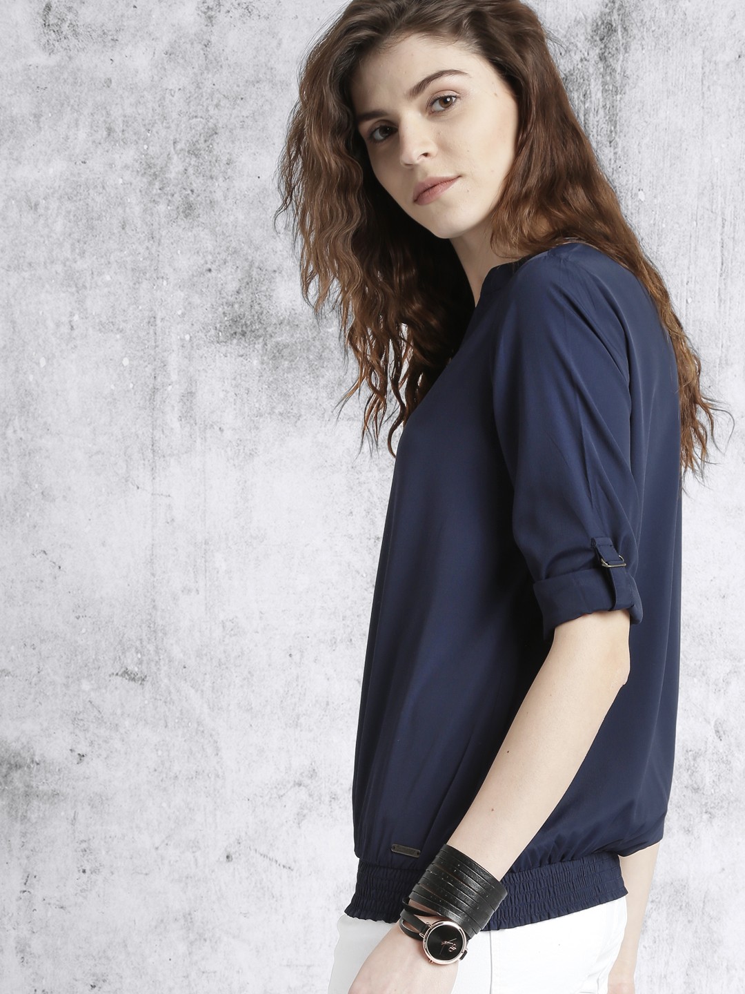 

Roadster Navy Blue Nautical Roll-Up Sleeves Top