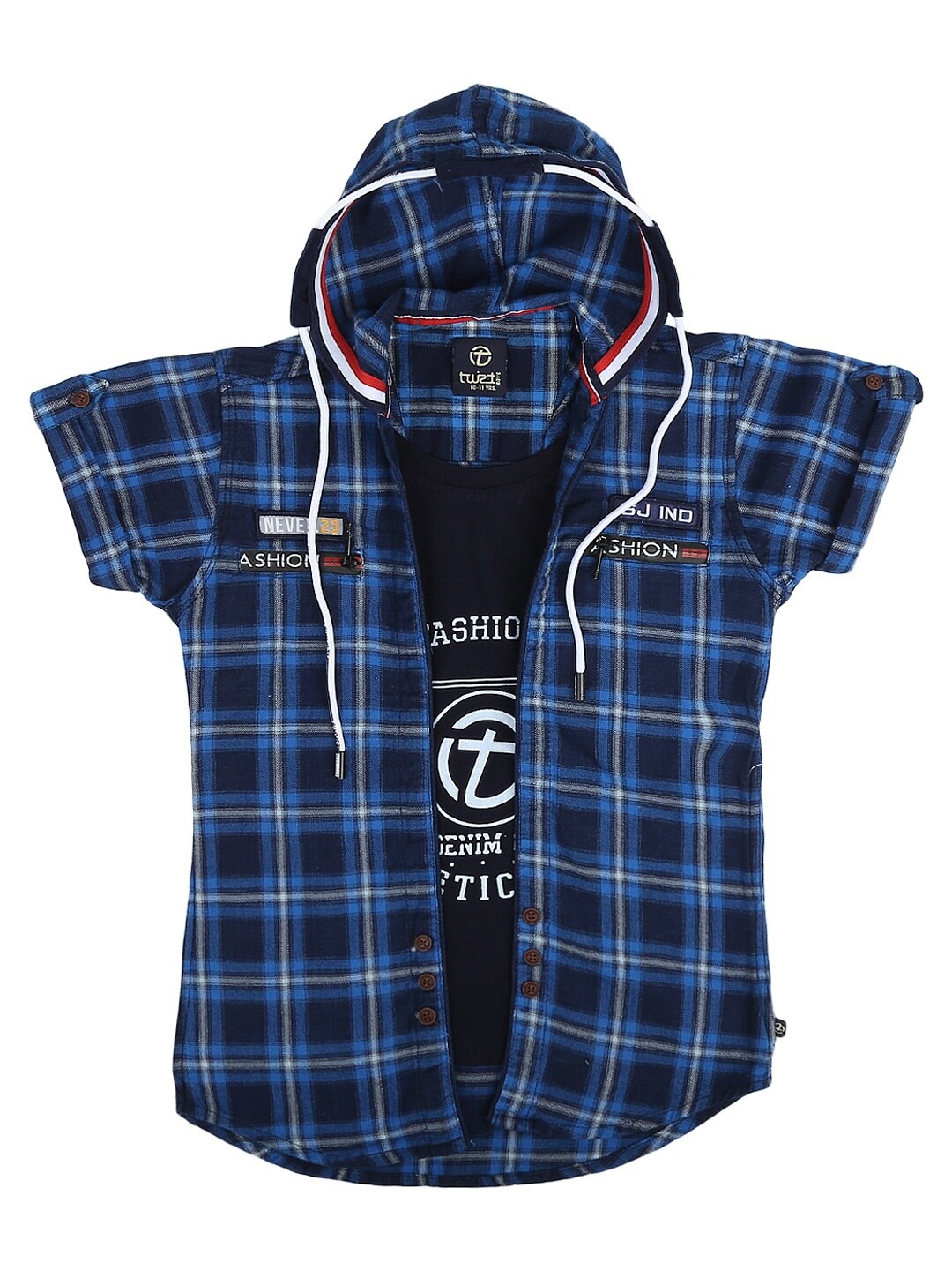 

V-Mart Boys Blue Standard Tartan Checked Hooded Casual Shirt