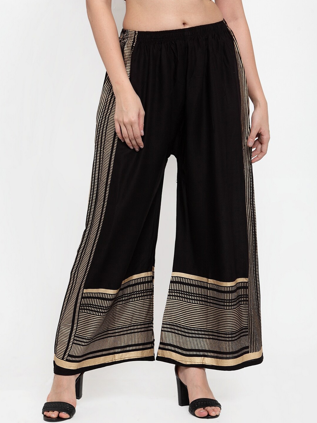 

Miaz Lifestyle Women Black & Gold-Toned Striped Ethnic Palazzos