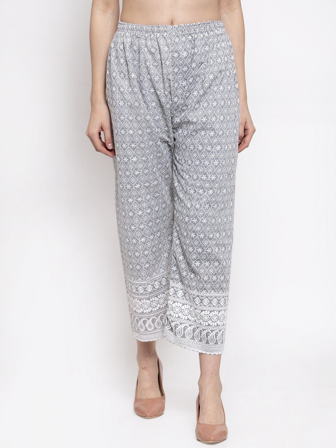 

Miaz Lifestyle Women Grey & White Ethnic Motifs Embroidered Palazzos