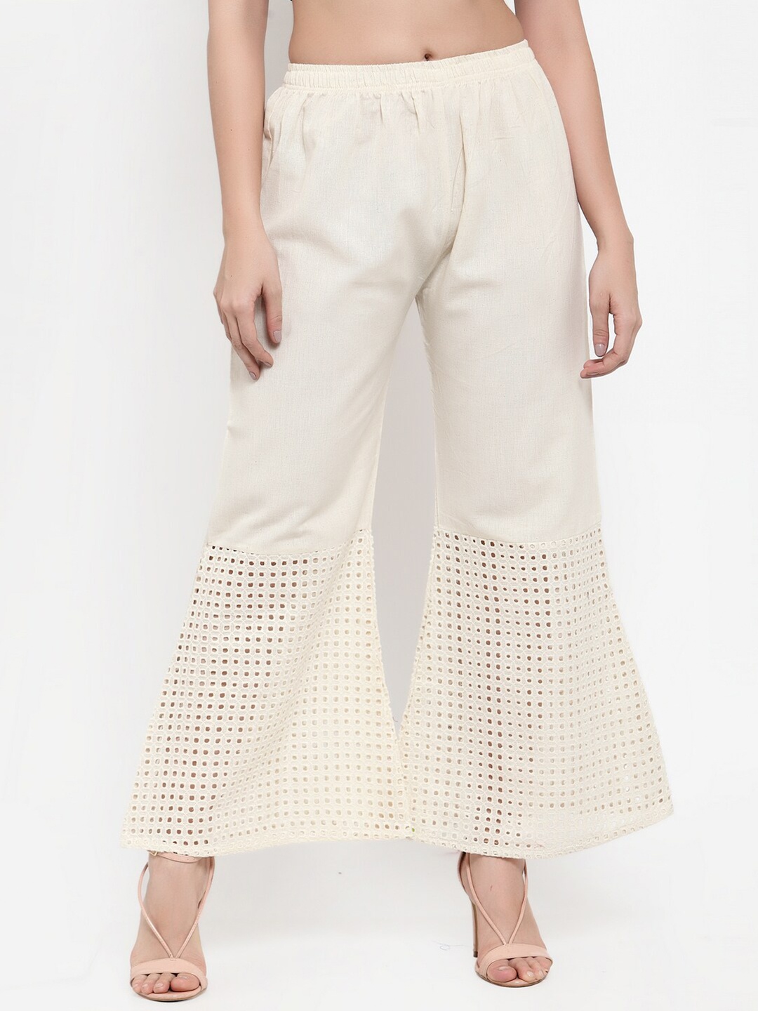

Miaz Lifestyle Women Off White Self Design Straight Fit Palazzos