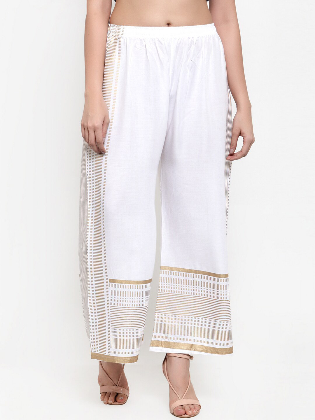 

Miaz Lifestyle Women White & Gold-Toned Ethnic Motifs Printed Palazzos
