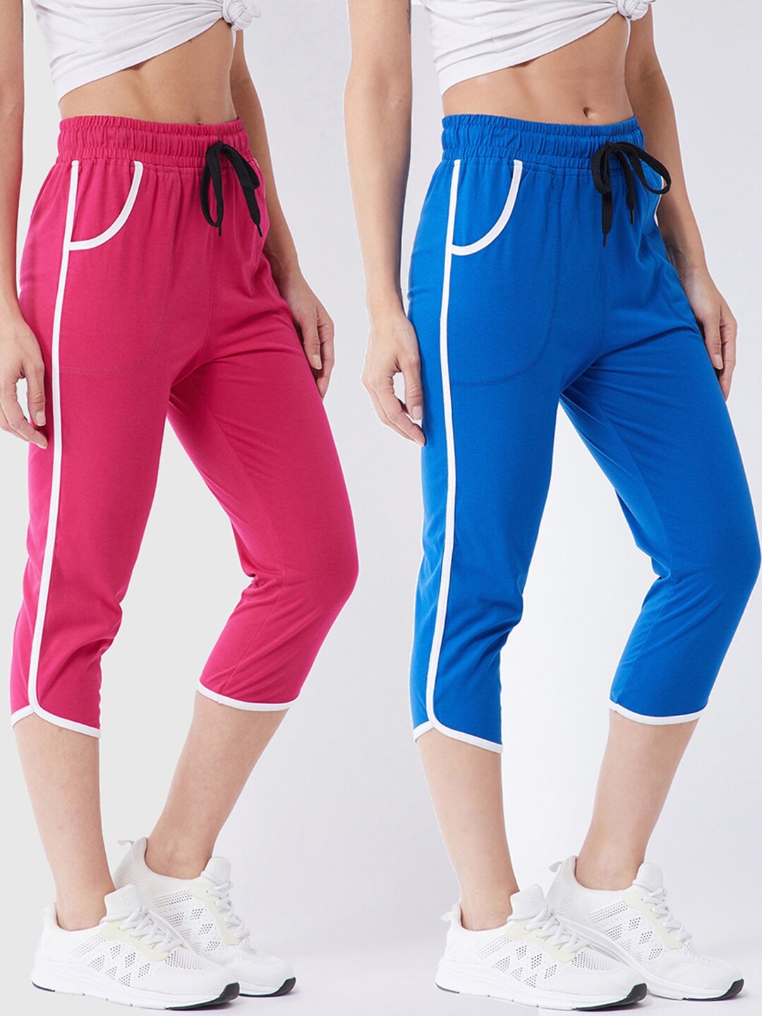 

Modeve Women Pack of 2 Magenta & Blue Striped Capris