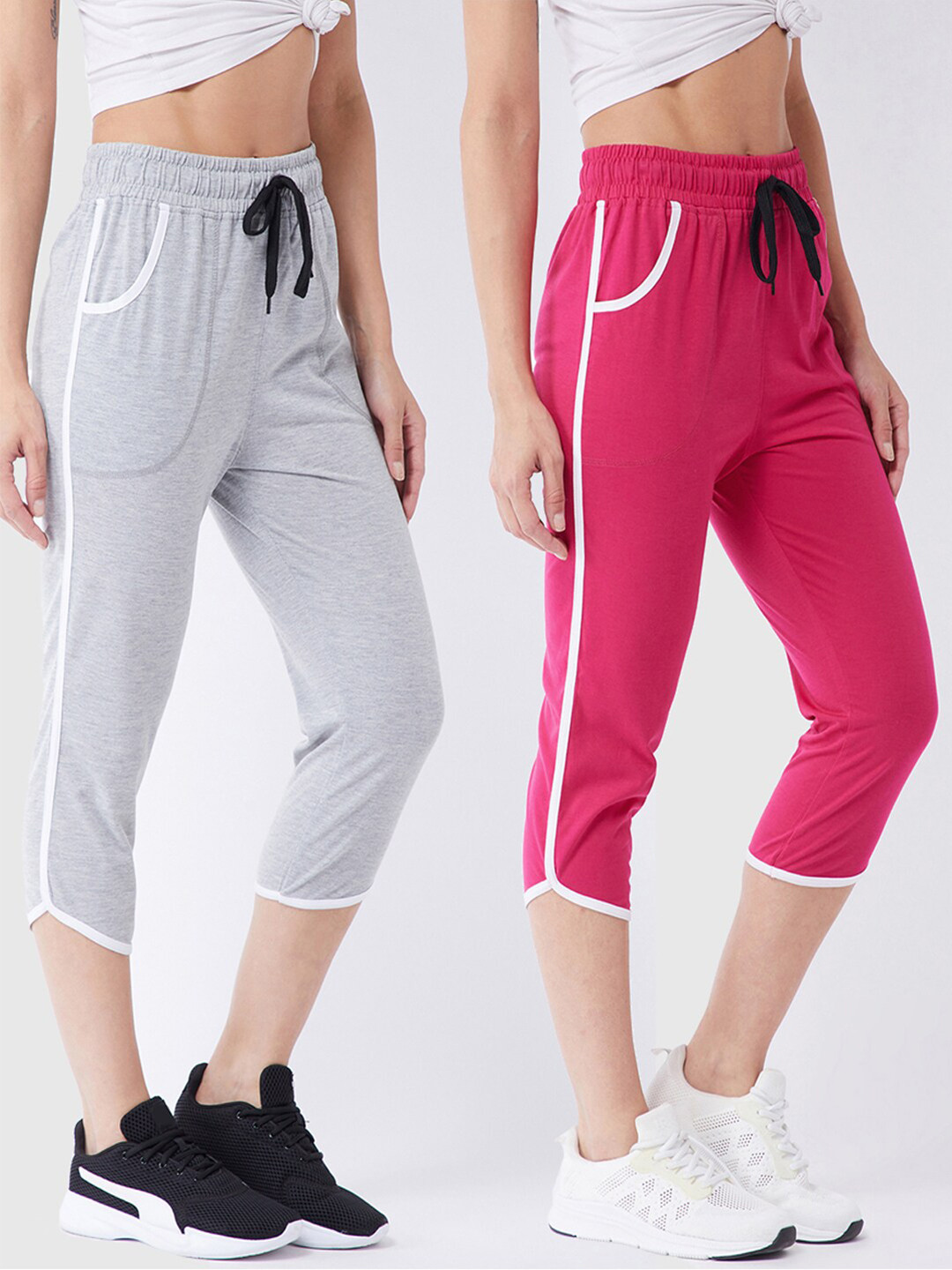 

Modeve Women Pack of 2 Magenta & Grey Striped Sports Capris
