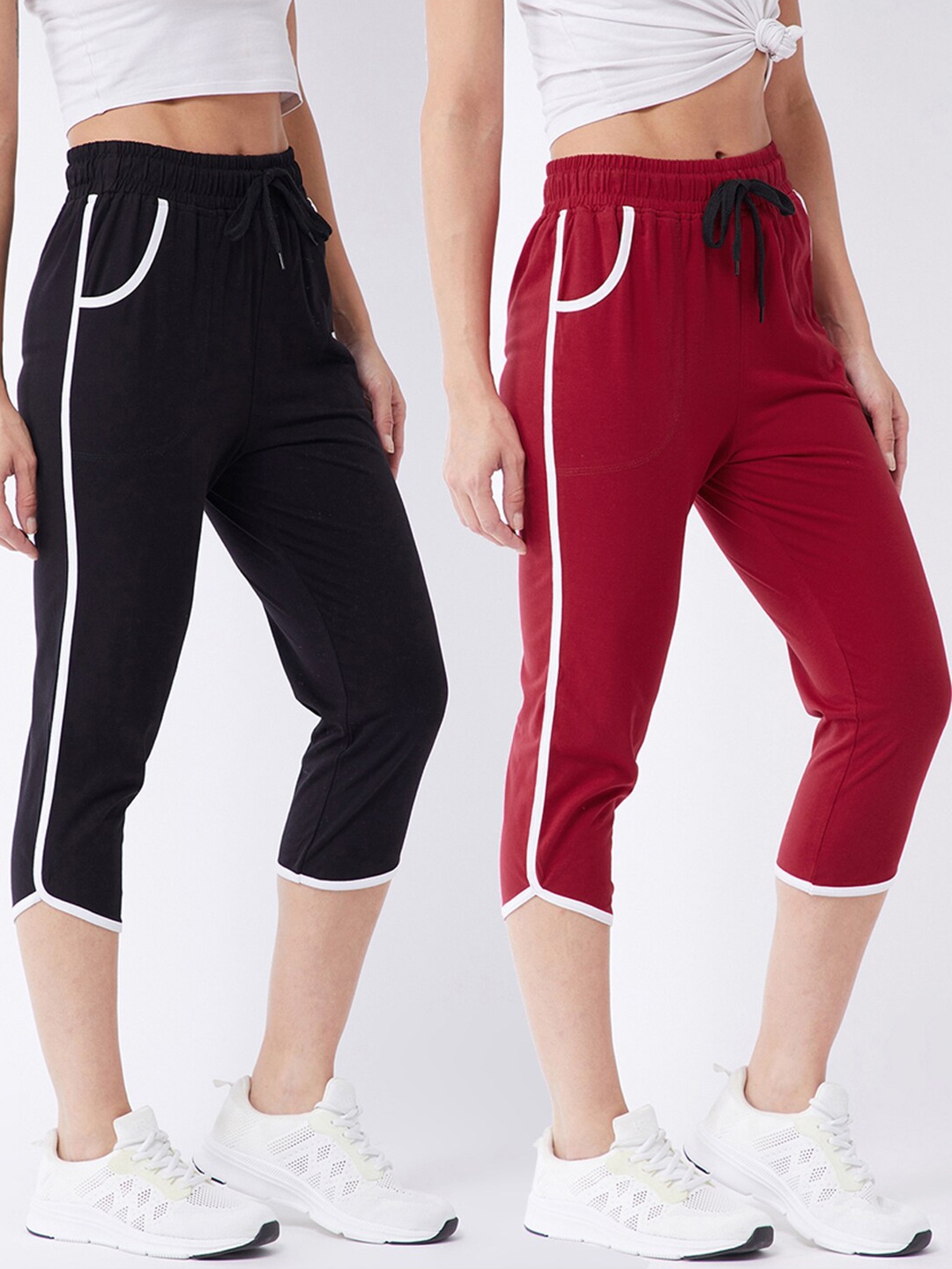 

Modeve Women Black & Red Set of 2 Solid Cotton Blend Capris