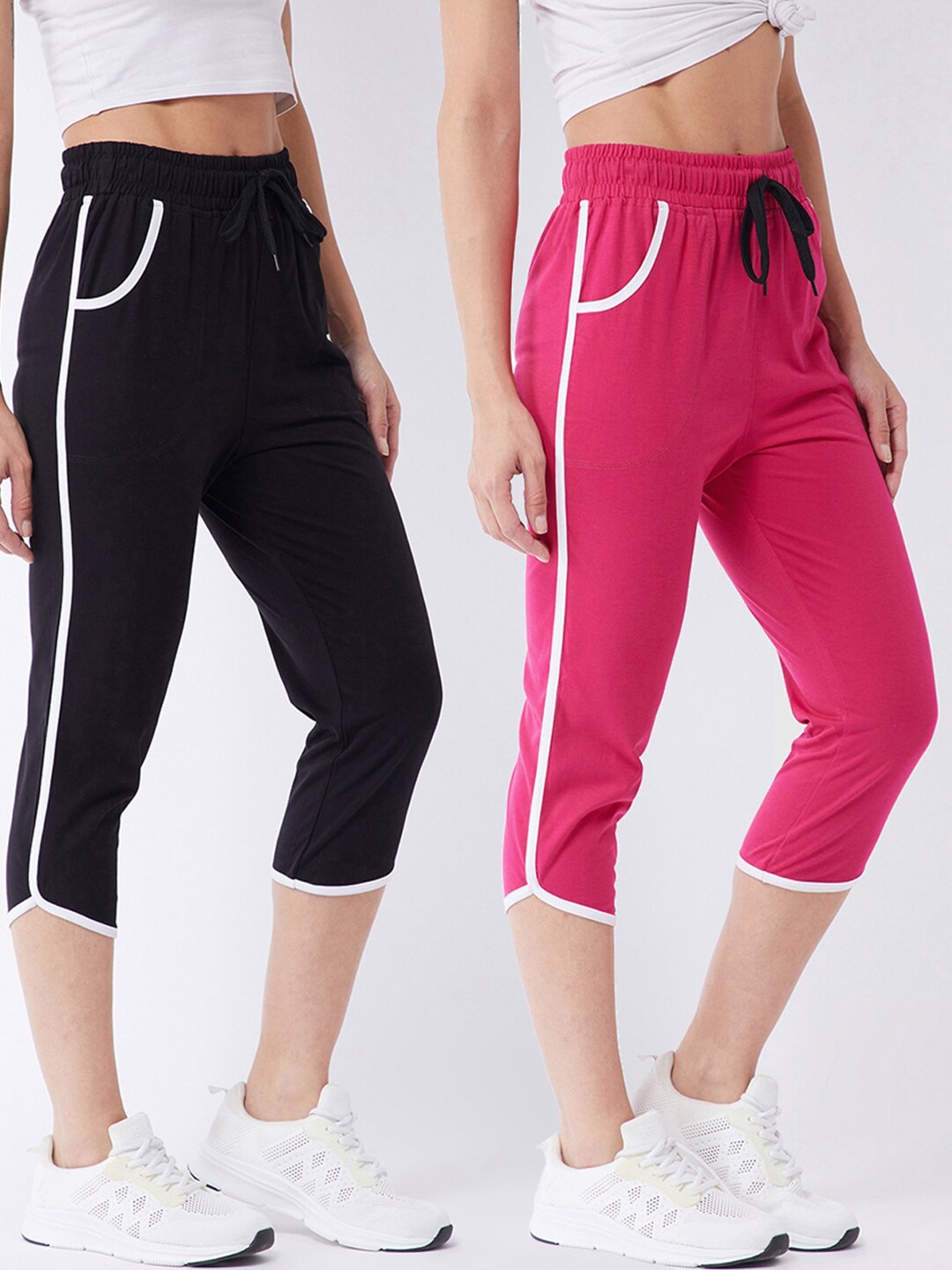 

Modeve Women Pack of 2 Magenta & Black Striped Capris