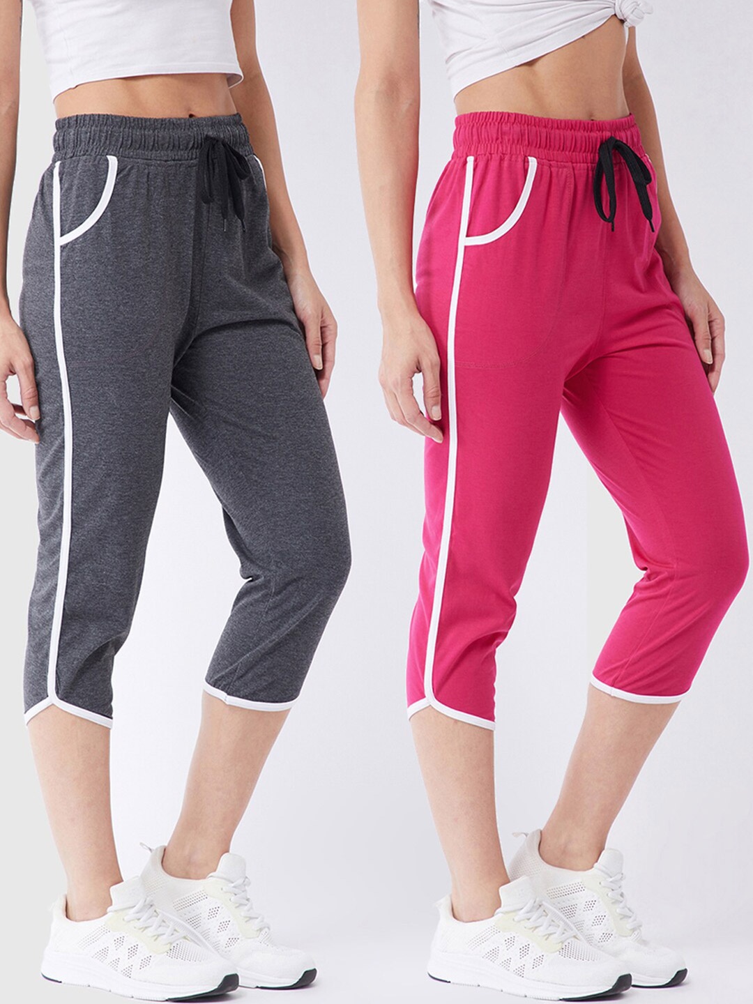 

Modeve Women Set Of 2 Grey & Magenta Solid Cotton Capris