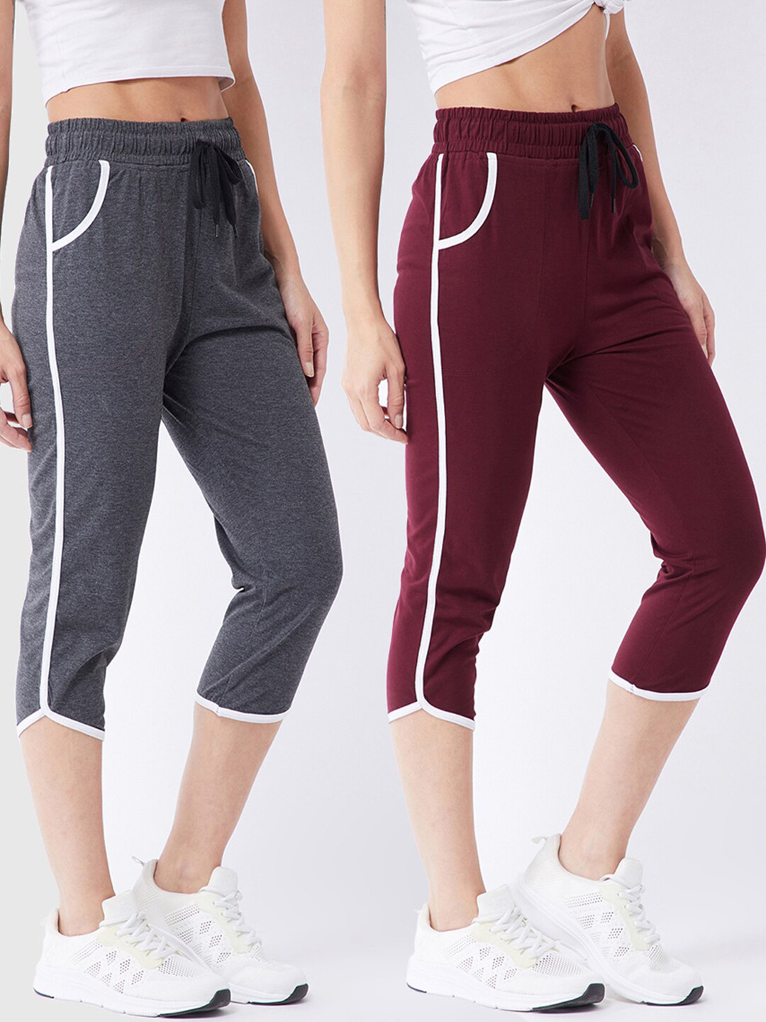

Modeve Women Grey & Maroon Set of 2 Solid Cotton Blend Capris